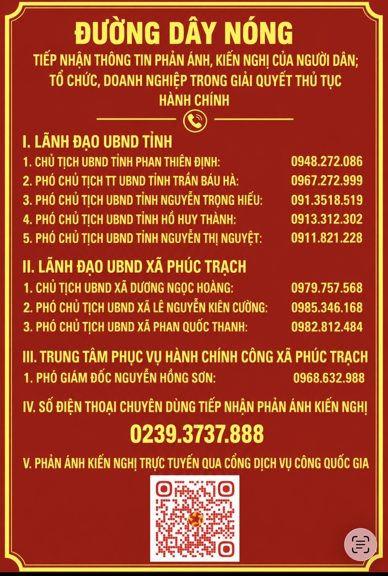 Xã Phúc Trạch thông báo đường dây nóng trong giải quyết thủ tục hành chính